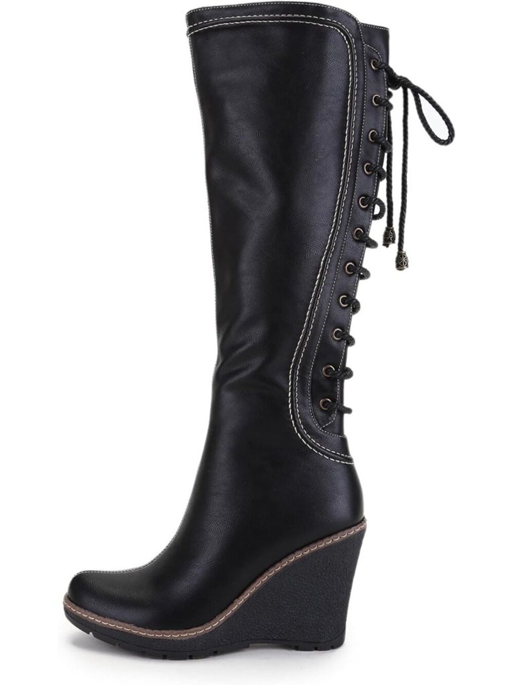 Knee-High Lace-Up Wedge Boots for Women | Stylish Stitching & Comfortable Fit